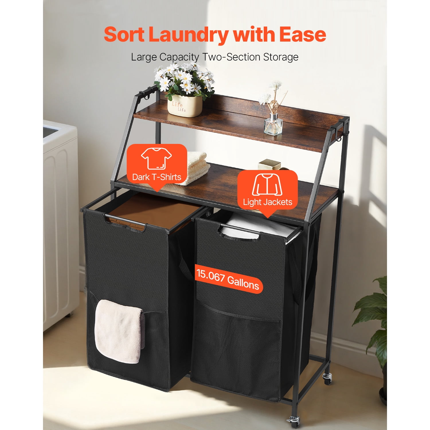 KFFKFF 2-Tier Laundry Organizer with Metal Frame and Wooden Top, Rolling Basket Storage with Ladder Shelves and Durable 600D Oxford Cloth Bags for Sorting Clothes