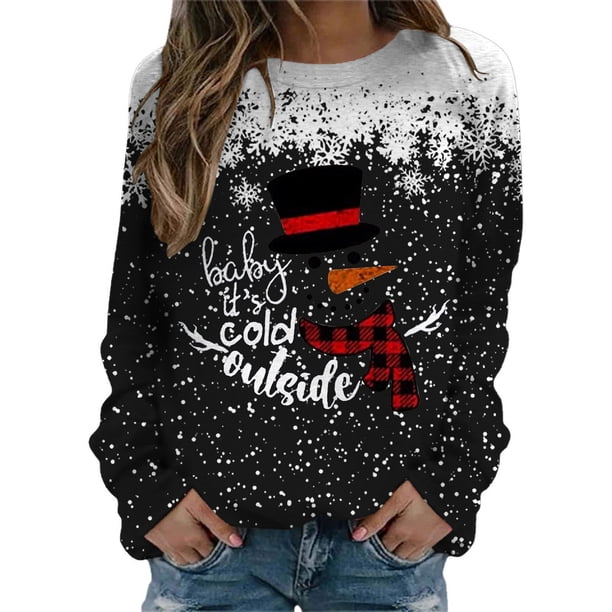 Sudadera con capucha de Manga larga Gibobby Cuello redondo Estampado de nieve navideños Negro L