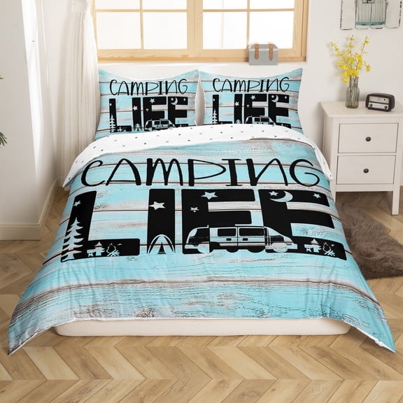 Erosebridal RV Car Comforter Cover Twin,Black Blue Bedding Twin Size,Happy Camping Duvet Cover Twin,Breathable Lodge Room Decor(No Comforter),Reversible,3pcs