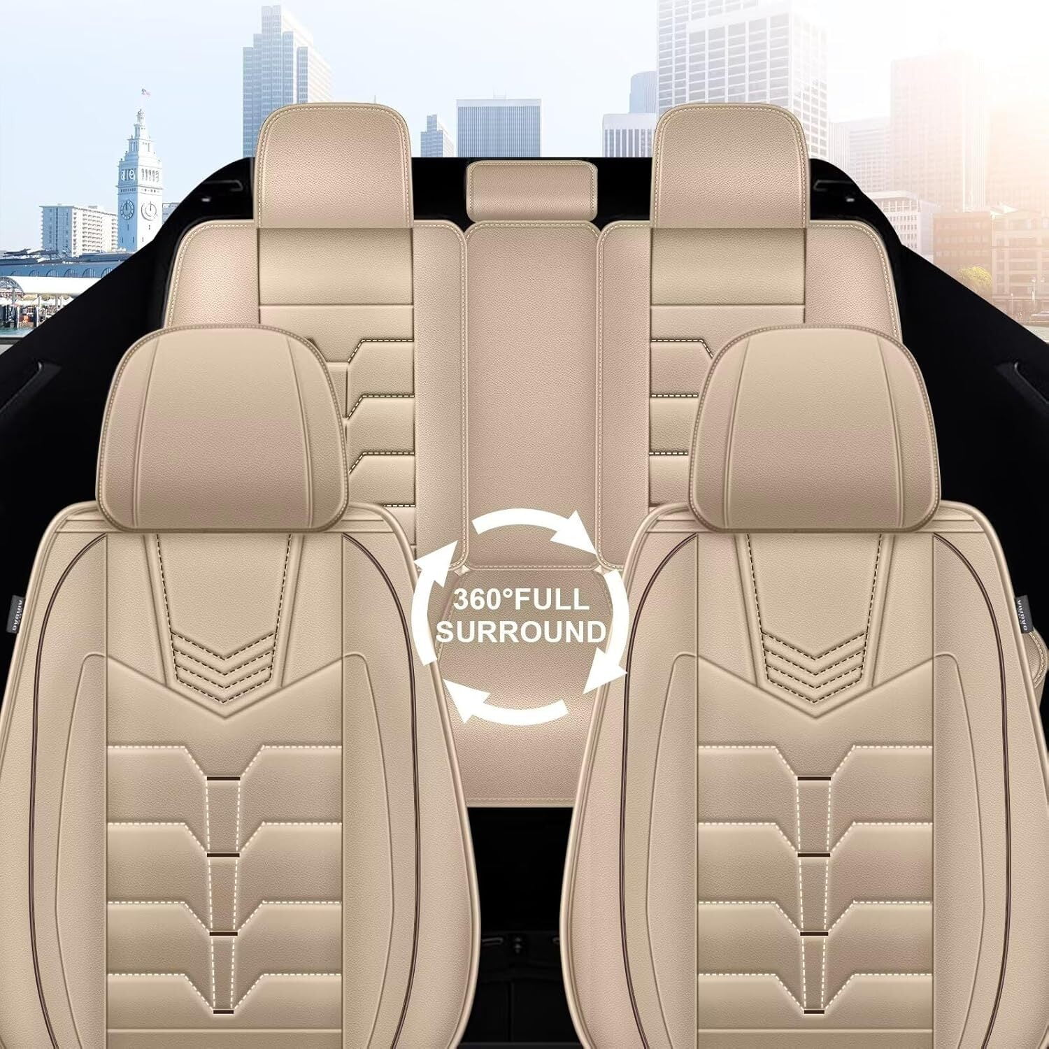 AOMSAZTO Full Set Car Seat Covers Fit fo Toyota RAV4 2007-2025 Faux Leather Seat Cover 2 Rows 5 Seats Waterproof Seat Cushion Protector (BEIGE)