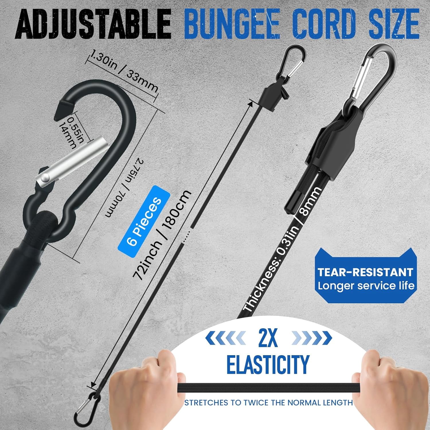 6 Pcs 72 Inch Adjustable Bungee Cord with Hooks, Easy to Adjust from 7" to 72", Heavy Duty Outdoor Carabiner Bungee Cord for Cargo Bike Luggage Carts Truck (Black)