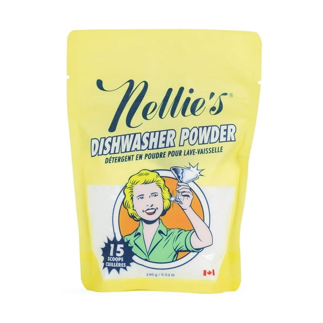 Yellow pouch of Nellie's Dishwasher Powder, unscented detergent for 15 loads, featuring retro-style illustration and Canadian flag.