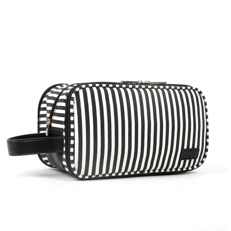Pearl Angeli Toiletry Bag for Women Portable Cosmetic Bag Large Wash Bag Toiletries Storage Bag Waterproof Stripe Makeup Bag for Girls Ladies Black
