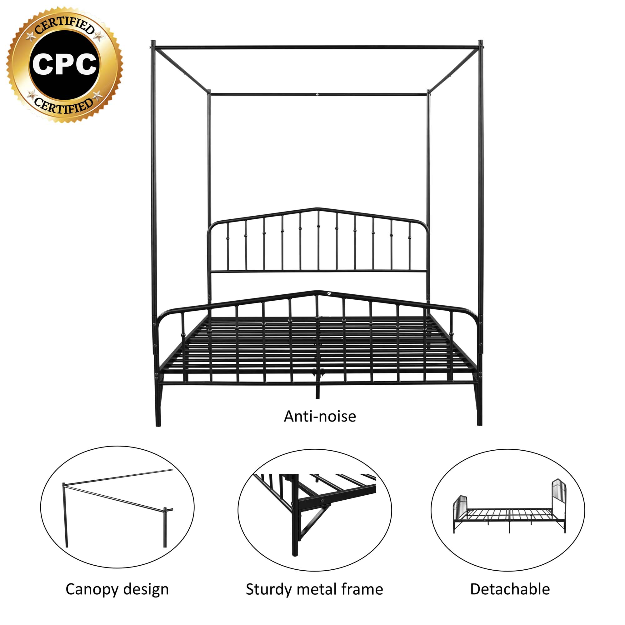 Momspeace Detachable Queen Anti-Noise Metal Canopy Bed, with Footboard for Teens Kids Adult, Black