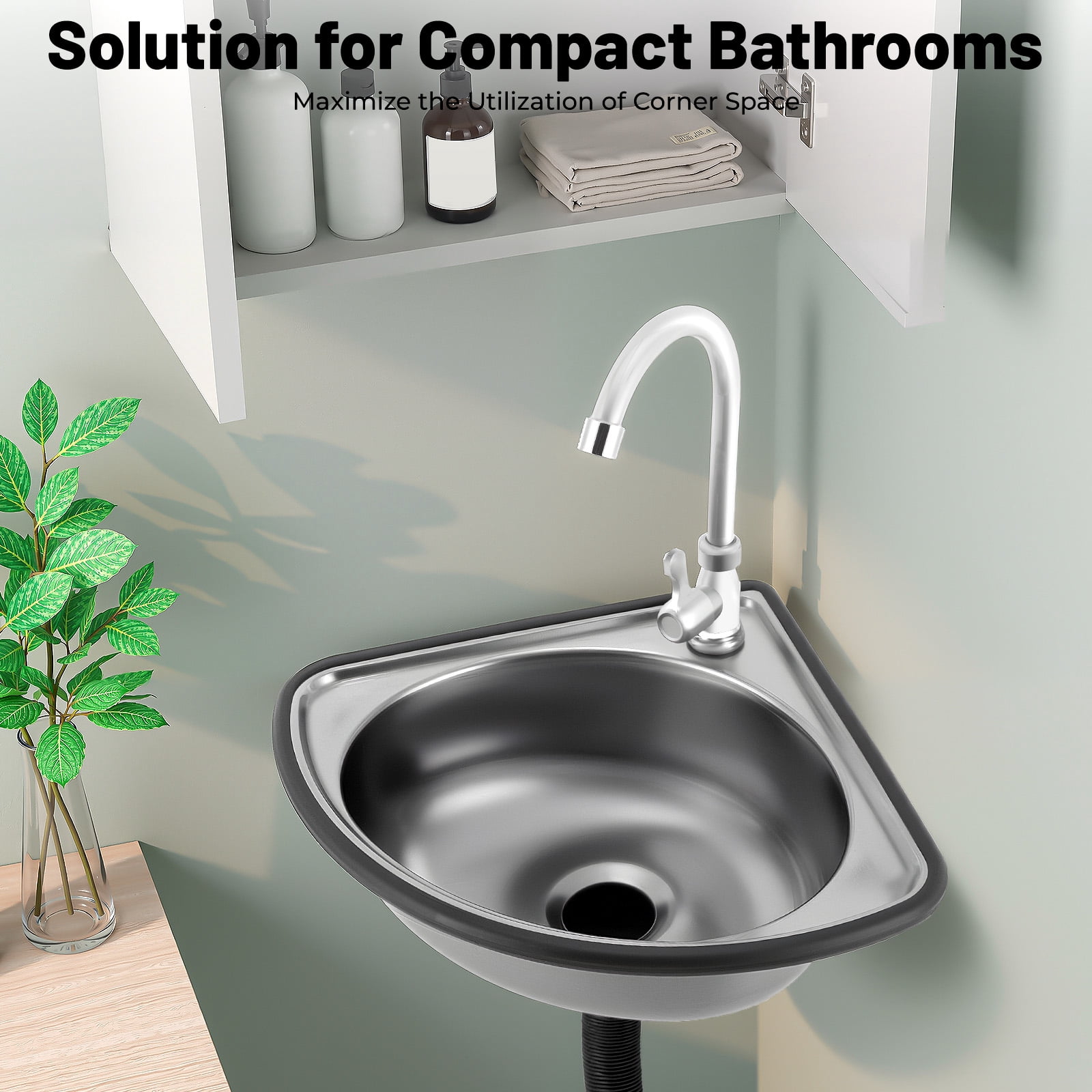 Stainless Steel Wall-Mounted Single Bowl Sink, Triangle Wash Basin Thick Small Sink Corner With Faucet And Drain Kit, For Kitchen Bathroom Lavatory Bar Laundry