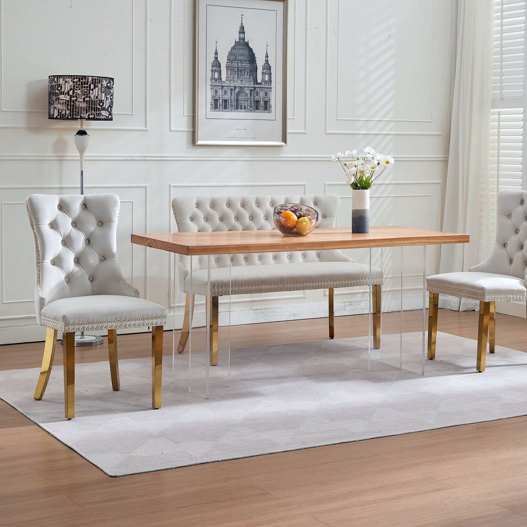 S-HOME Stylish Velvet Double Seat Loveseat Bench Featuring Handmade Buttons and Gold-Plated Steel Legs for Dining Areas, Beige