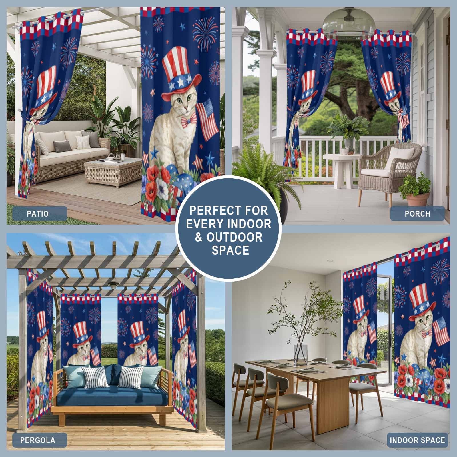 Independence Day Outdoor Curtains for Patio, Cartoon Golden British Shorthair Colorful Poppy Sunshade Privacy Drapes Grommet Waterproof Outside Curtains for Porch/Cabana/Balcony 54"x 108", 1 Panel