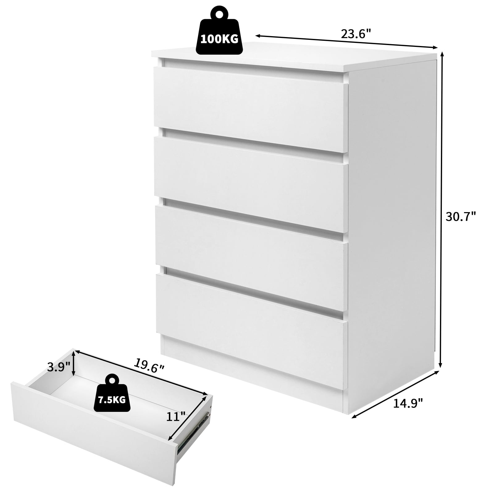 iTopRoad Chest of 4 Drawers, Dresser Organizer, Storage Cabinet for Bedroom, White