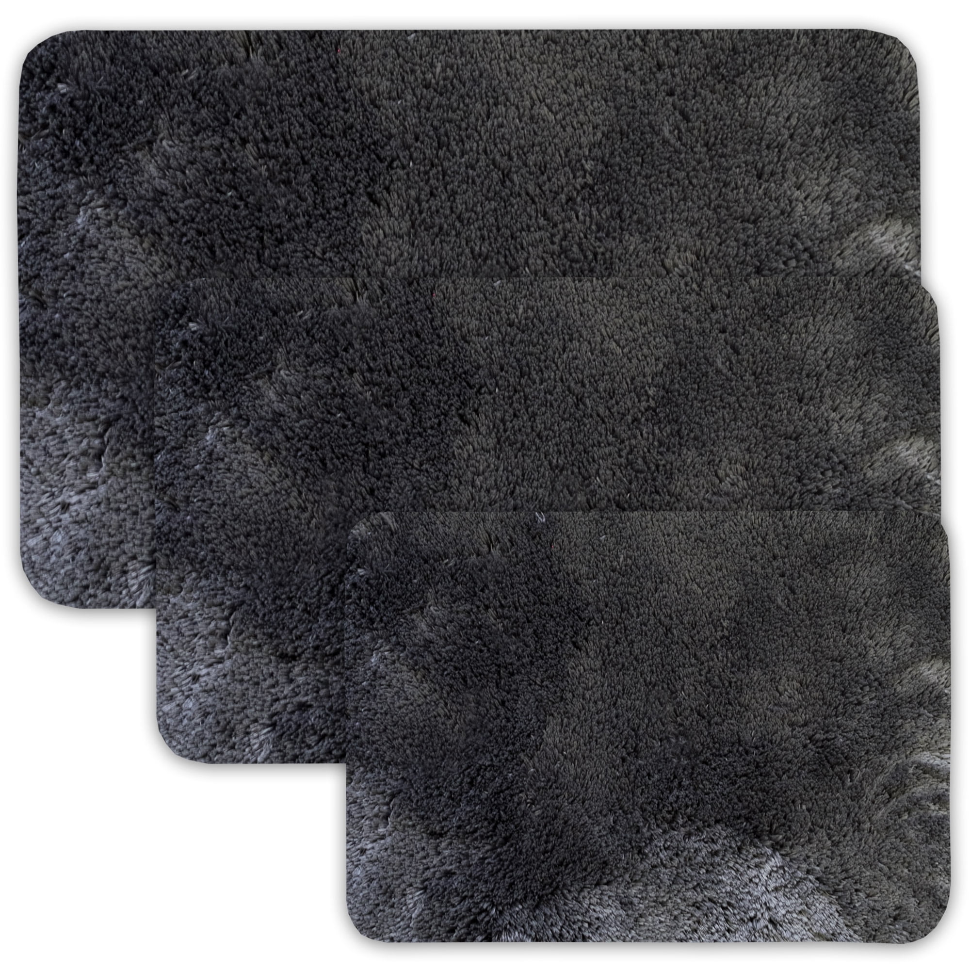Bath Rug, Non Skid Back, Soft Faux Fur St. Lucia Prima 3 Piece Set Charcoal