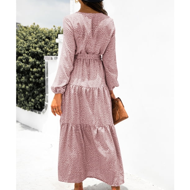 Vestido Maxi De Manga Larga Abullonada, Estampado Floral, Manga Larga, Cuello En V, Vestido Maxi Con Lazo En La Cintura, Dobladillo Con Volantes, Largo Hasta El Tobillo Para ANGGREK Rosa M