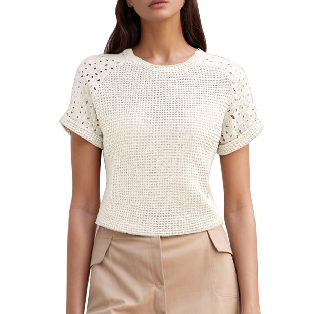 Camiseta informal y elegante de manga corta con cuello redondo y ribete de encaje para mujer, ideal para primavera-verano.