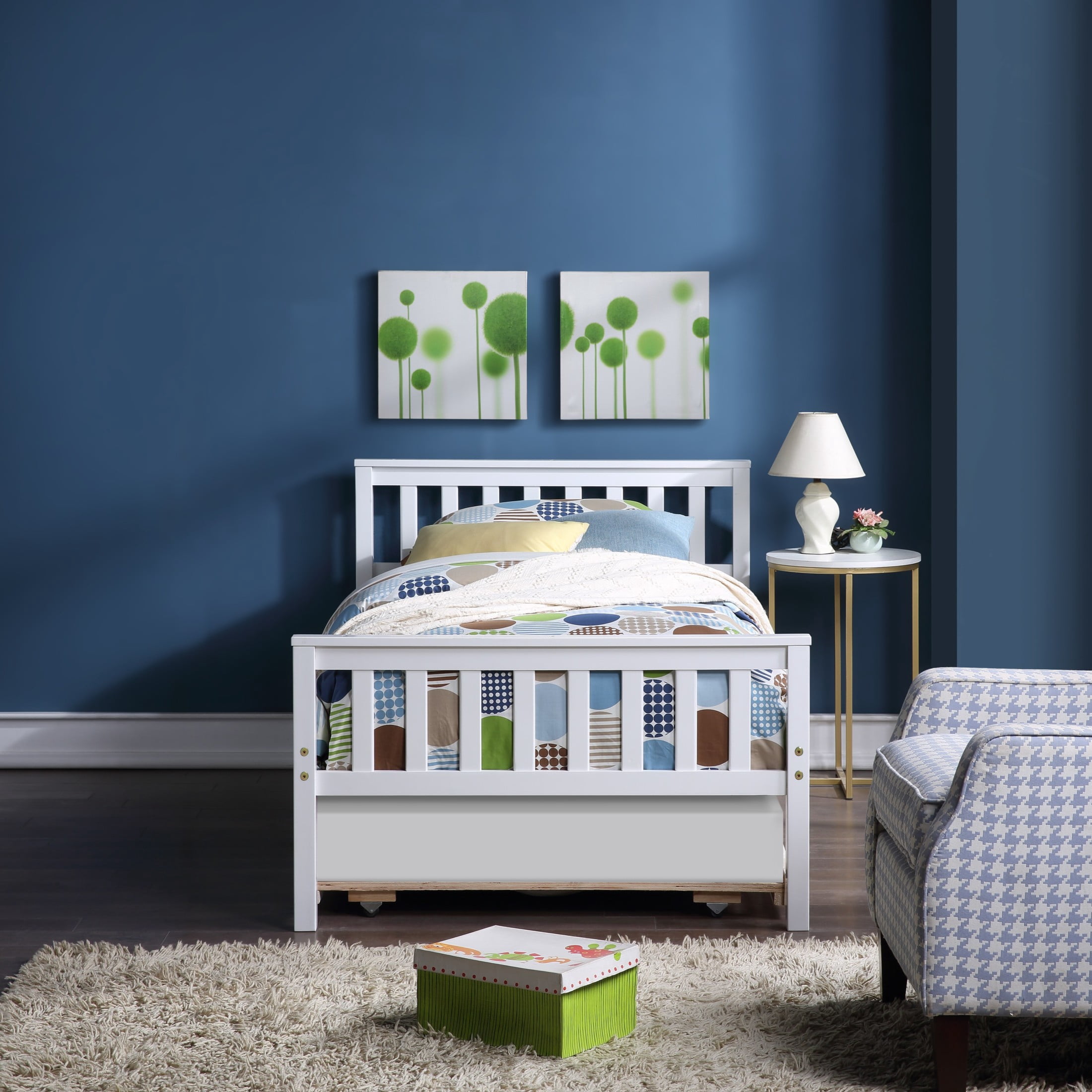 Noble House Kilby Twin Platform Bed with Pull-out Trundle, Hardside Pine Wood Bed Frame with Headboard, White