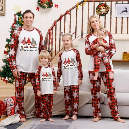 

Feancey Family Pj Set for Christmas Cute Gnome Printed Pajamas Matching Sets Comfy Round Neck Long Sleeve Top Lounge Plaid Pants Two Piece Sleepwear Black and Friday Deals Red