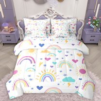 Homewish Colorful Graffiti Rainbow 7pcs Bedding Comforter Set,Fairy Tale Theme Queen Bedding Sets,Cartoon Loves Stars Queen Sheet Sets For Girls,Luxury Bedroom Decor Reversible