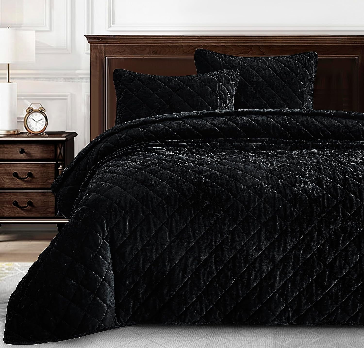 Chezmoi Collection Lux Black Velvet Quilt King Set, 3-Piece Lush Plush ...