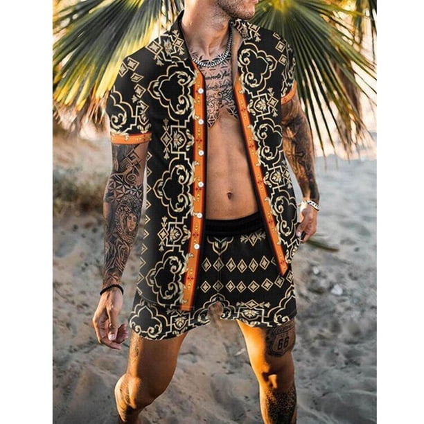 Conjuntos de hombre 2022, camisa informal de manga corta con solapa de retales estampada, pantalones cortos de playa, ropa de calle de verano, trajes hawaianos para vacaciones, S-3XL para hombre Tan Jianjun unisex