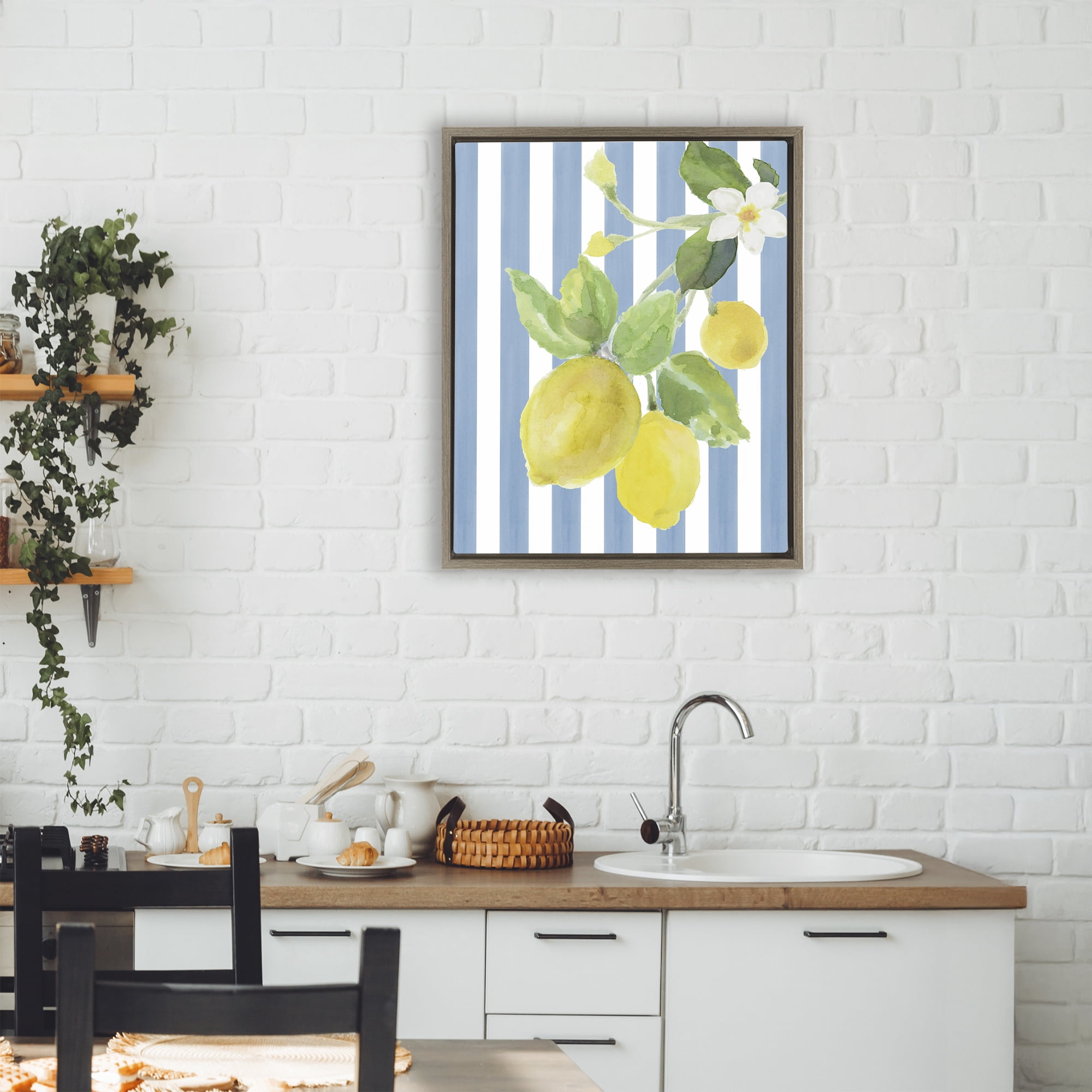 Stupell Industries Lemon Blossom on Blue Stripes Brown Framed Floater Canvas Wall Art, design by Lanie Loreth