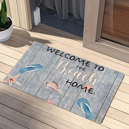 Summer Ocean Beach Door Mat Indoor Outdoor Welcome Mats Non Slip, Flip-Flops Door Mats Low Profile Coastal Door Rugs Blue Washable Doormat with Rubber Backing Entrance Floor Mat 30"x18"