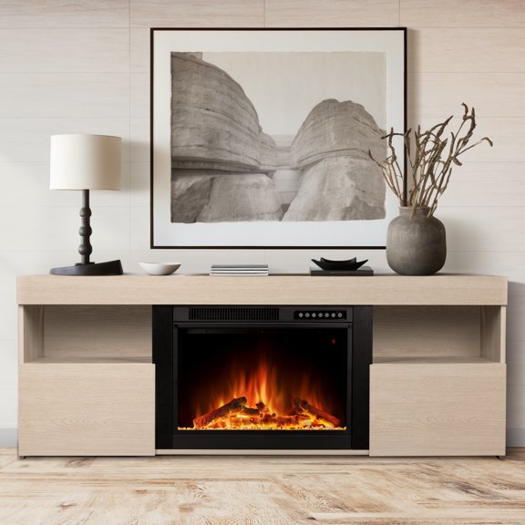 Electactic Free Standing Fireplace, Remote Control, 60'', Electric Fireplace Mantel, Adjustable Real 3D Flame Brightness （LIGHTOAK）
