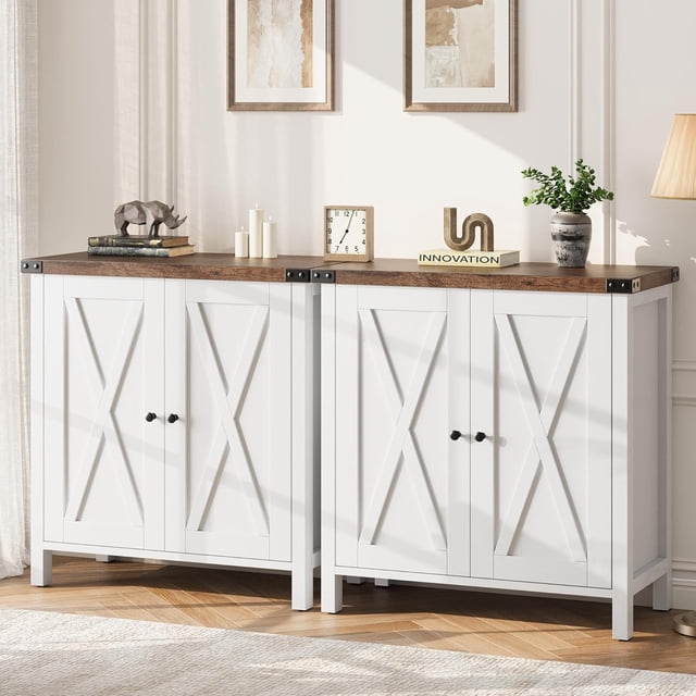 Small Storage Cabinet 2 Piece, Farmhouse Sideboard Buffet Cabinet with 2 Doors and Adjustable Shelves, Entryway Console Cabinets for Living Room, Dining Room, Kitchen, Hallway
