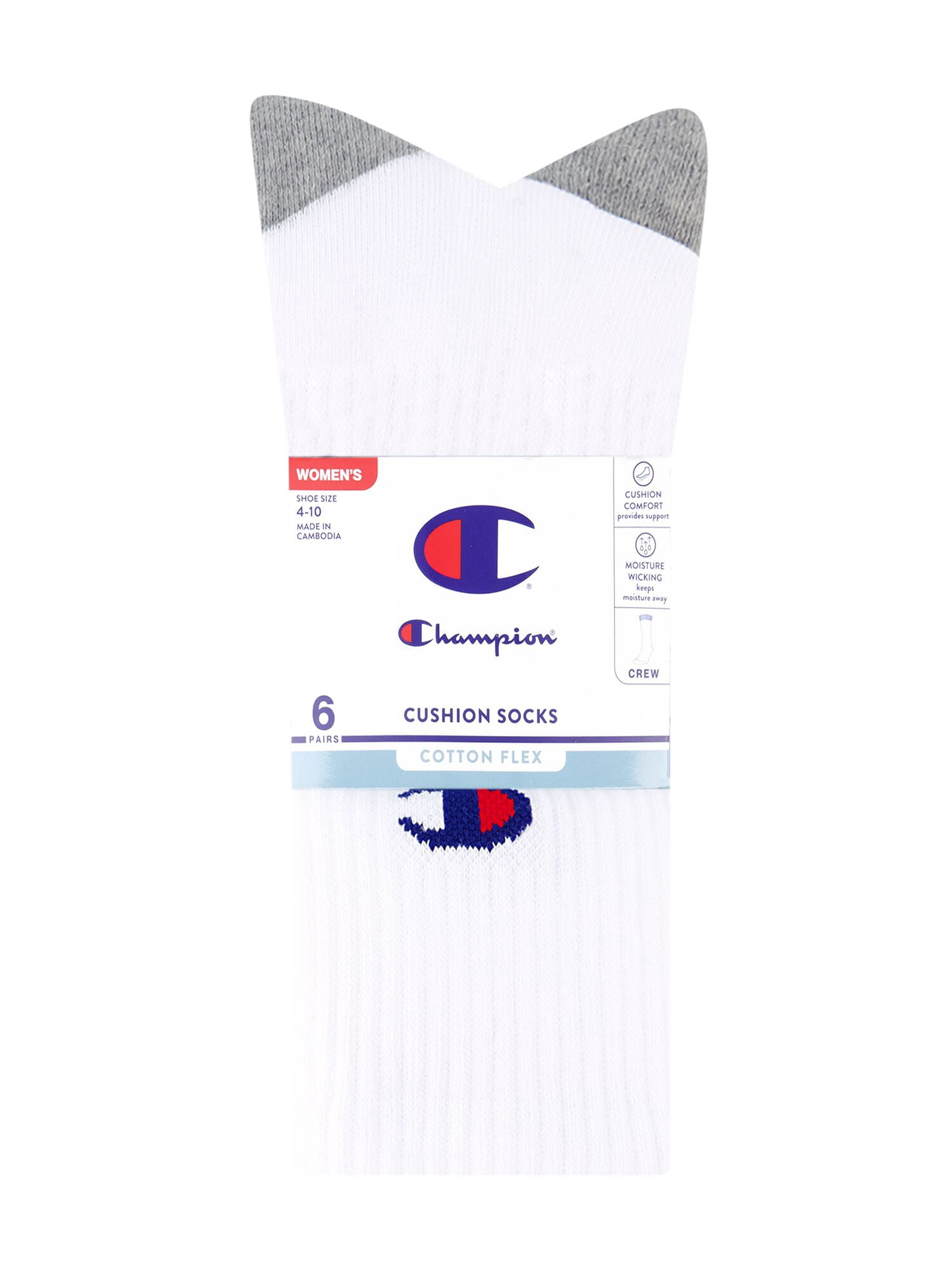 Champion Women’s Cotton Flex Cushion Crew Socks, 6 Pack, Sizes 4-10
