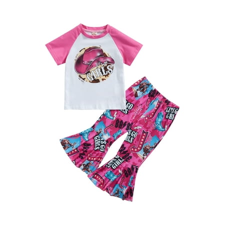 

Karuedoo Baby Girl Summer Short Sleeve Letters Print T-Shirt + Bell-Bottoms Pants Outfit