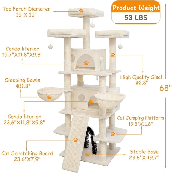 Go Pet Club 68 Inches Multi-Level Big Tree Tower with Sisal Posts