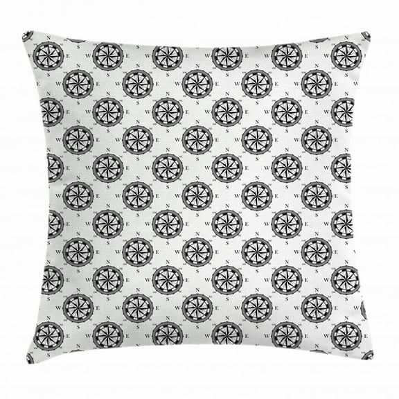 Compass Throw Pillow Cushion Cover, Explore the Ocean Theme with Monochrome Symbols Discovery Sea Journey Adventure, Decorative Square Accent Pillow Case, 18 X 18 Inches, Black White, by Ambesonne