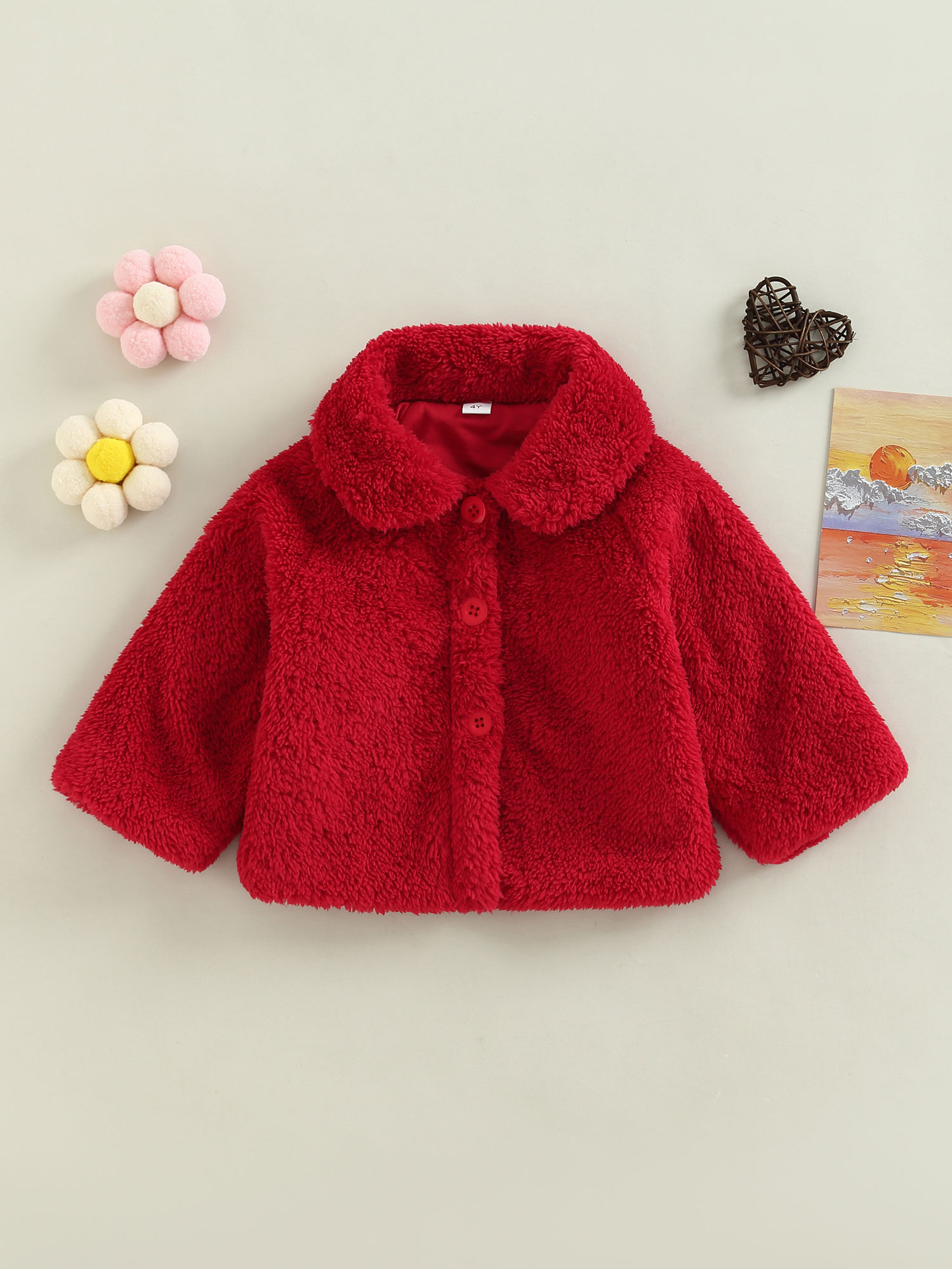 Licupiee Infant Newborn Baby Girl Plush Coat Warm Lapel Long Sleeve Button Down Red Plush Jacket Fall Winter Outwear - image 2 of 6