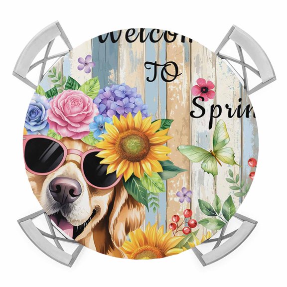 Elastic Fitted Round Tablecloth, Spring Dog Waterproof Stretch Table Cover for 45"-54" Tables, Retro Watercolor Botanical Floral Sunflower Washable Outdoor Tablecloths for Patio, Picnic, Camping