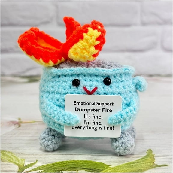 2Pcs Emotional Support Crochet Dumpster Fire with Positive Card Cute Room Decor Knitted Toys Funny Crochet Support Buddies Gifts for Friends