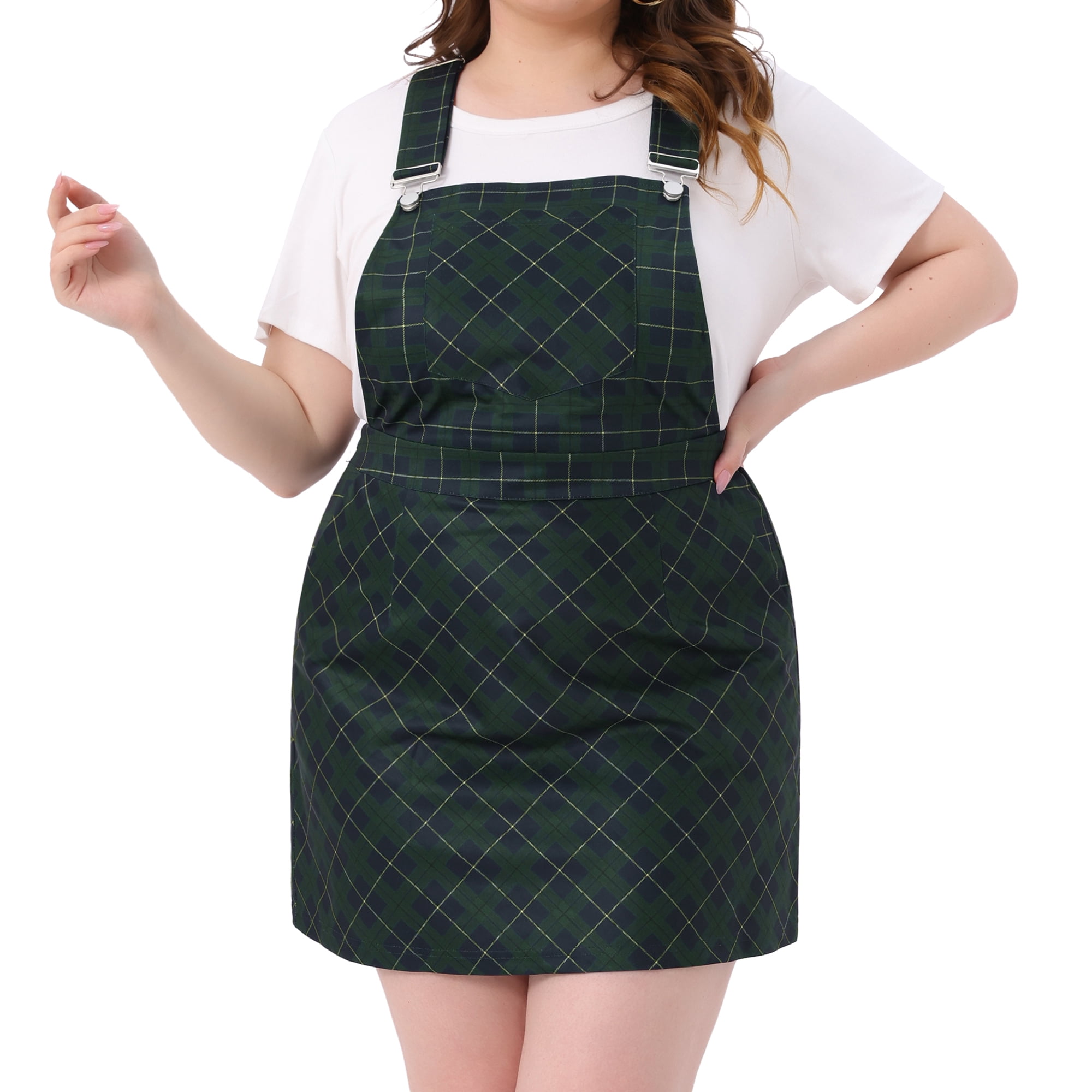 DARING DIVA Women's Plus Suspender Skirt Overall Pinafore Dress Plaid Print 2X Green