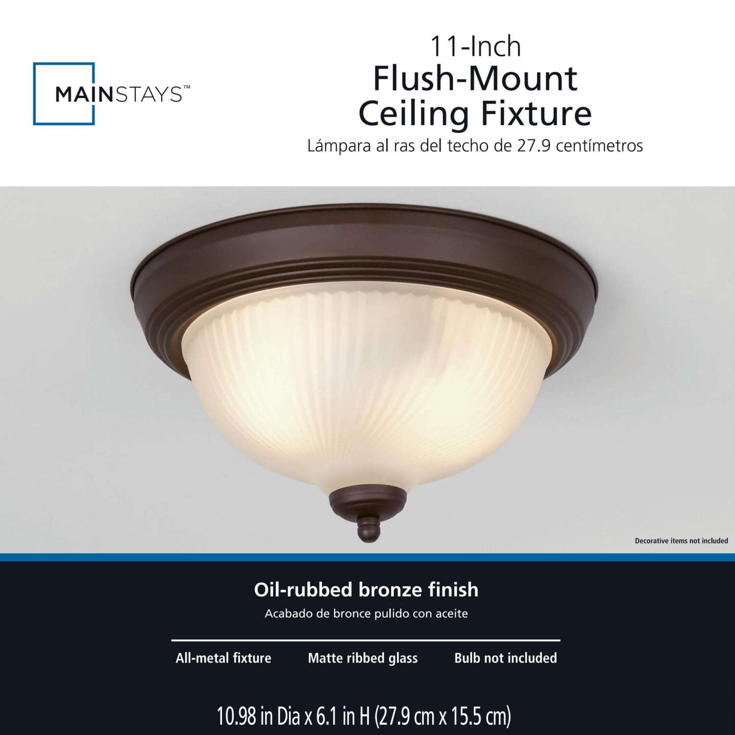 (2 pack) Mainstays 11" Classic Indoor Flush Mount Ceiling Light, Bronze Finish Glass Shade, Bulb Not Included