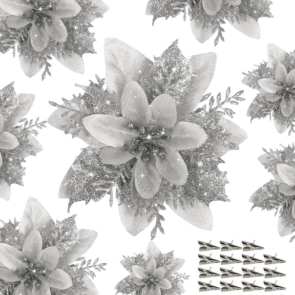 15 PCS Poinsettia Flower Artificial Poinsettias With Clips Christmas Decorations Glitter Poinsettia Christmas Ornaments Xmas Tree Flower Decor with Stems DIY Xmas Wreath Home Holiday Party