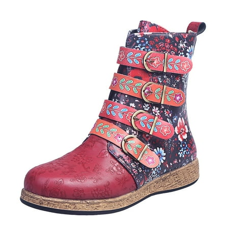 

Dezsed Women s Combat Boots Clearance Vintage Red Mid Calf Boots Large Printed European and American Style Leather Boots Red
