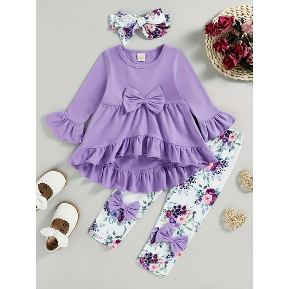 MORTTIC Toddler Baby Girls Clothes Little Girl Ruffle Long Sleeve Tops Dress Floral Pants With Headband 3PCS Spring Fall Outfits Set
