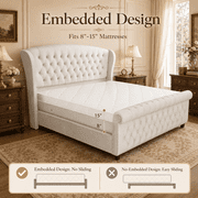 VanAcc King Size Platform Bed Frame, Chenille Upholstered Sleigh Bed Frame with Scroll Wingback Headboard & Footboard/Button Tufted/Cream