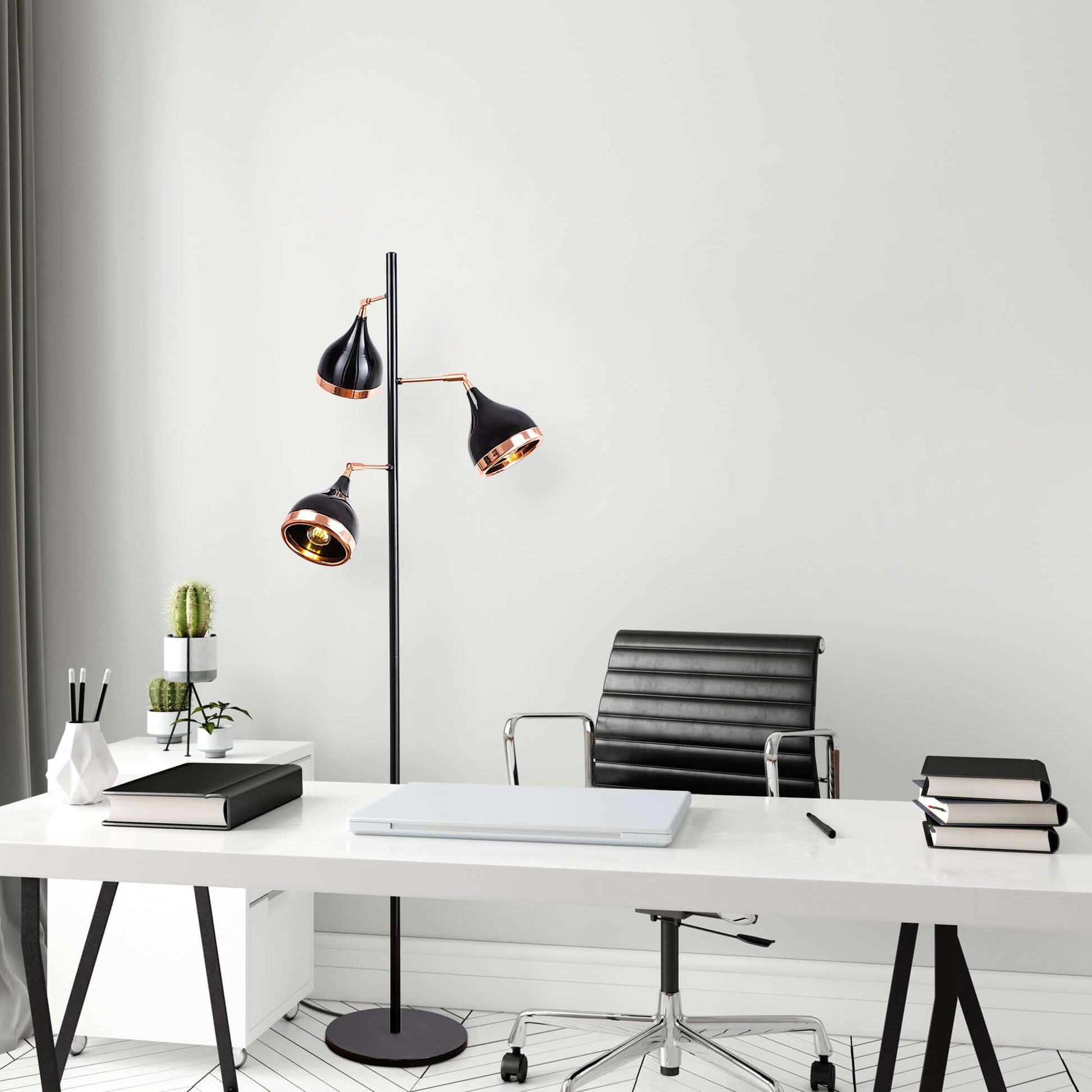 Swift Beacon Midnight Trinity Floor Lamp for Living Room - Durable Shiny Black Finished Metal Body, Perfect Tall Lamp for Bedroom, Office and Workspace