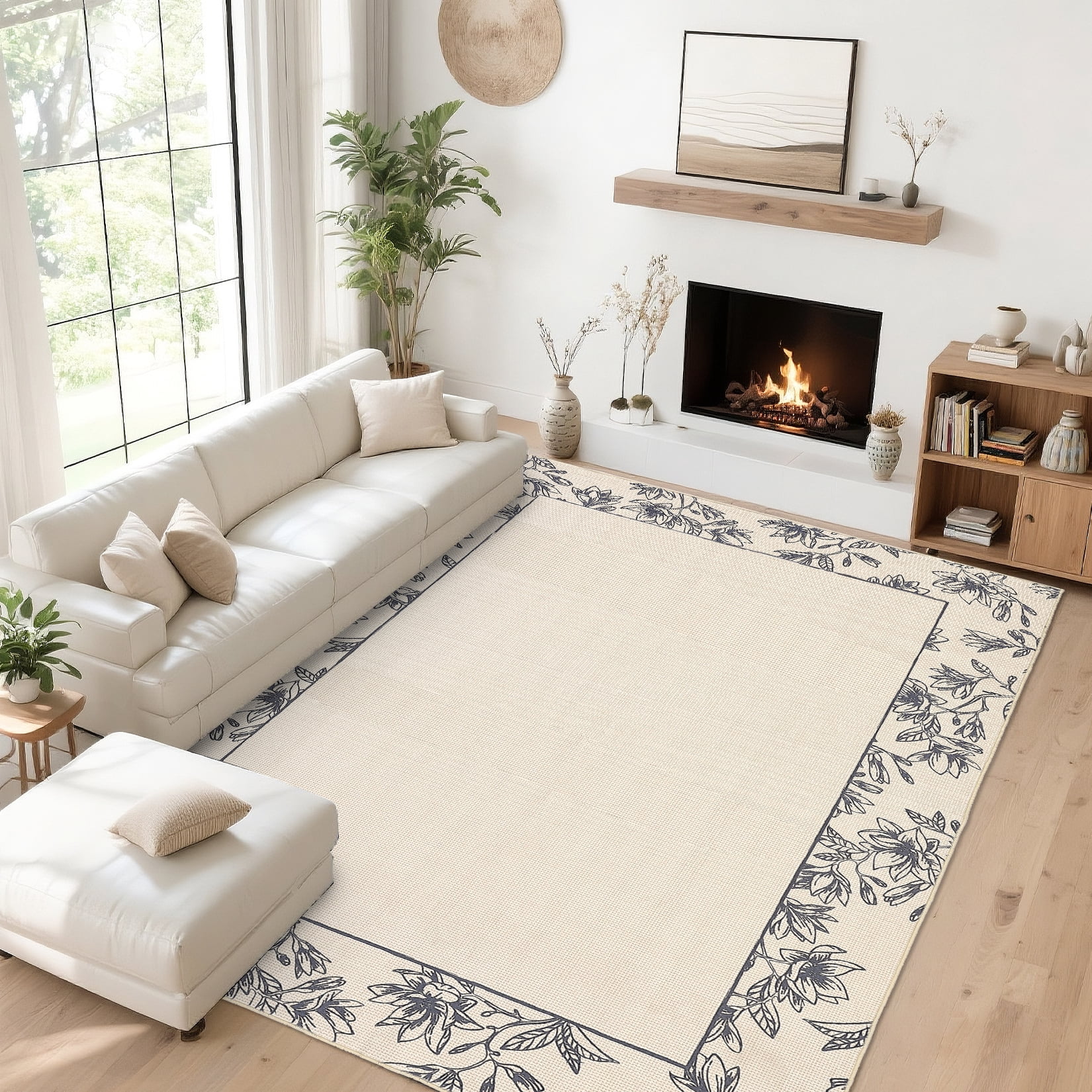 Garvee 10'x13' Solid Floral Area Rugs Modern Bordered Washable Rugs, Soft Non Slip Carpet Low Pile Rug for Living Room Bedroom Home Decor, Beige