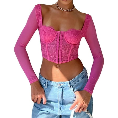 

DabuLiu Women Y2k See Through Sheer Mesh Crop Tops Low Cut Long Sleeve Cut Out Blouse Streetwear Bra Lingerie Corset Top