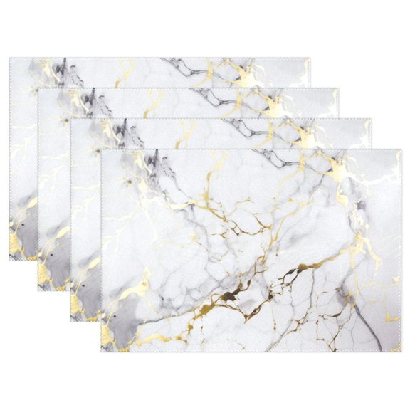 White and Gold Marble 4 PCs Placemats Set Linen Non-Slip Table Mat Rectangular Washable for Dining Kitchen Party 12"x18"