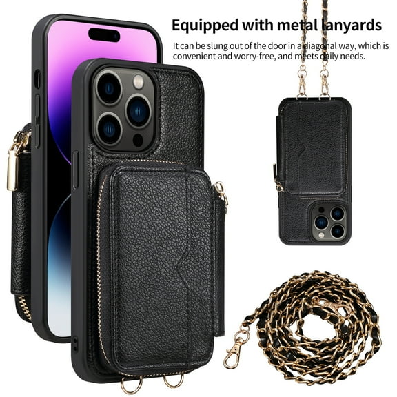 SaniMore Case for iPhone 15 Pro Max 6.7" 2023 with Metal Detachable Crossbody Lanyard Zipper Wallet Pocket Card Slots PU Leather Wear-resistant Shockproof Anti-fall Retro Girly Shell, Black