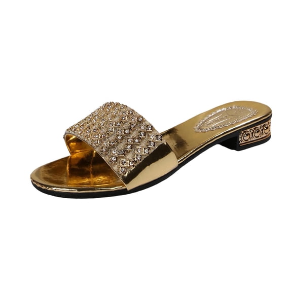 HomeDM Women's Low Block Heels Sandals Open Toe Comfortable Slip On Summer Beach Slide Sandals, Gold Size 9.5