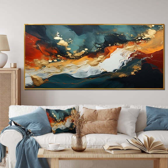 Designart "Golden Storm Blue and Gold Marble III" Oversized Abstract Framed Wall Art - Modern Blue Abstract Painting Hallway Framed Wall Art Decor