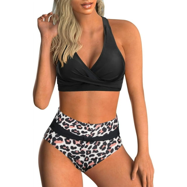 LAICAIW Womens Two Piece Swimsuits Wrap Front Bikini High Waisted Bottom Tummy Control Bathing Suits Vintage Print Swimwear