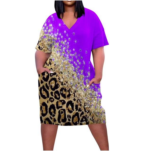 Cameland Robe Grande Taille pour Femmes Col en V Été Décontractée Robes d'Été Poche Genou Manches Courtes avec Poches