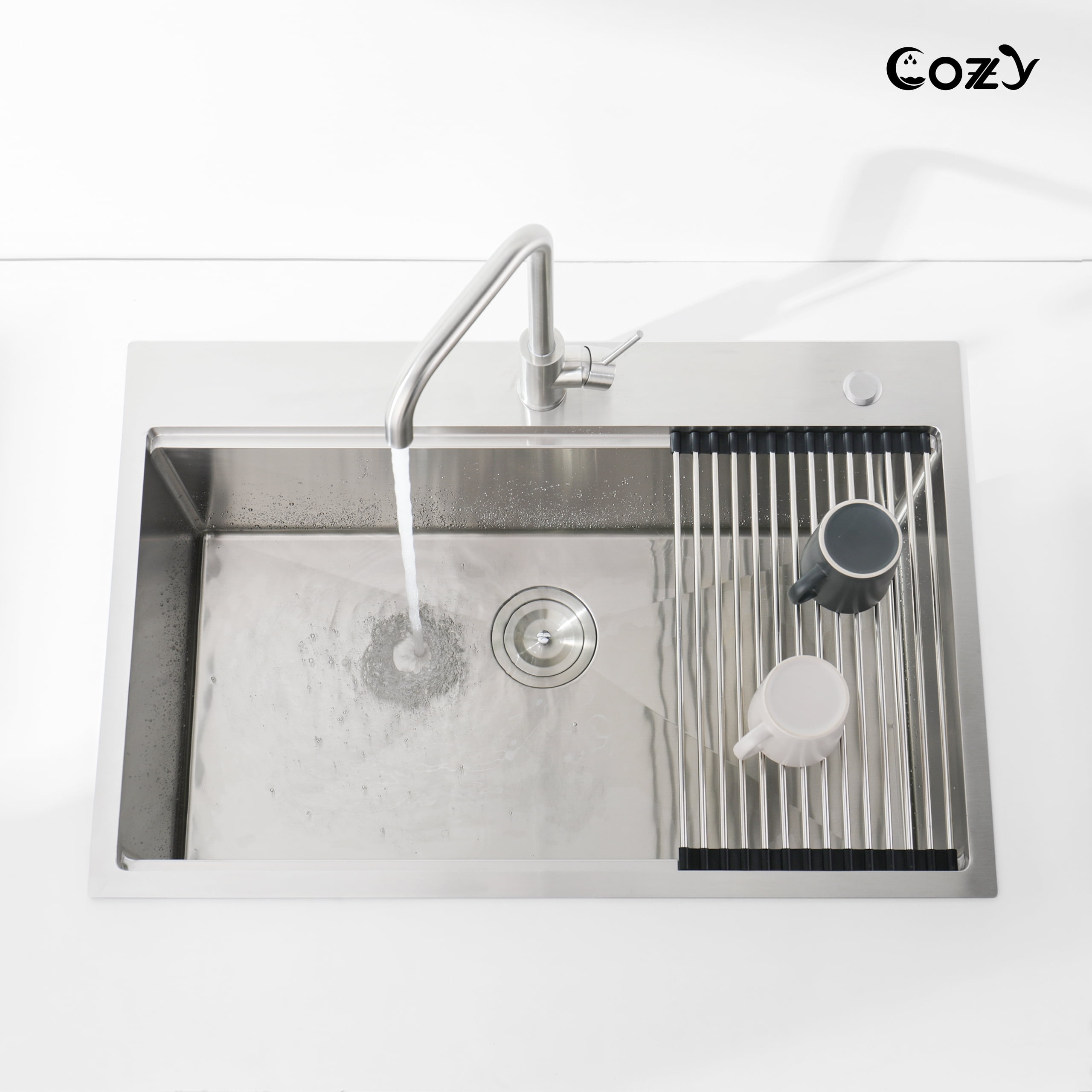 COZY Stainless Steel Kitchen Sink, Single Bowl, Overmount Handmade Sink, with US Standard Drain and Hook.