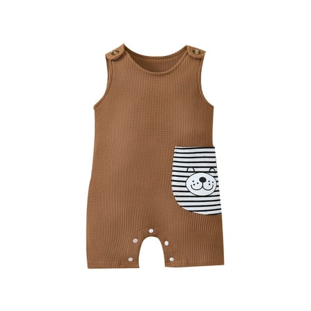 

Calsunbaby Newborn Sleeveless Waffle Bodysuit Infants Boy Girl Round Neck Animal Pattern Striped Pocket Snap Crotch Short Jumpsuit