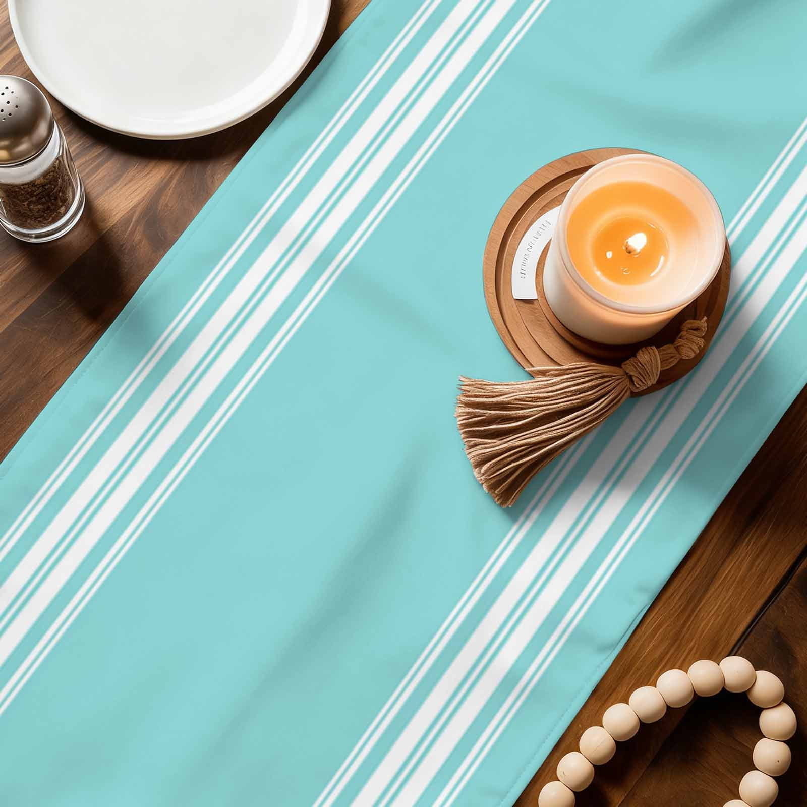 Aqua Striped Table Runner, Luxurious White Stripes Modern Abstract Art Cotton Linen Table Runners 120 Inches Long, Dresser Scarf Runner for Dining/Living Room/Kitchen/Square Tables 13''x120''