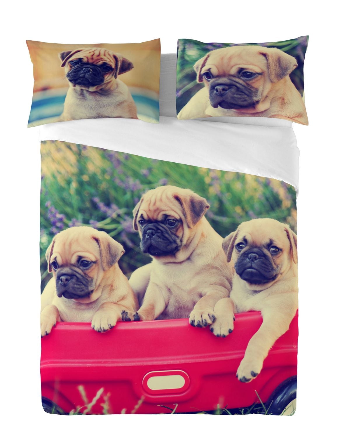 Gouchee Home Pugs in Wagon Queen Duvet Cover Set – 3-Piece OEKO-TEX Certified Cotton Bedding with Adorable Pug Dog Print